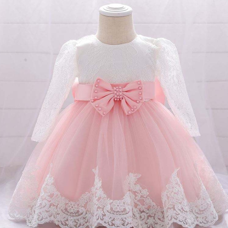 Baige Flower Girl Party Wear Western Baptism Dress spets Nyfödda baby dopklänningar