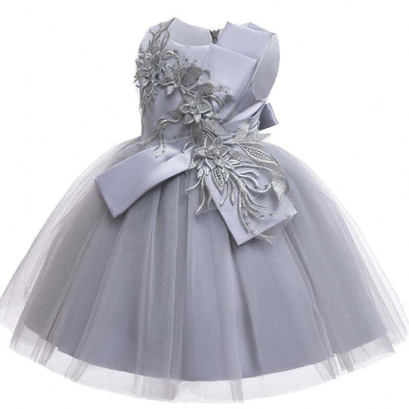 Baige Flower Girls Cute Sleeveless Kids Party Dress Big Bow Floral Wedding Födelsedagsplänning klänning