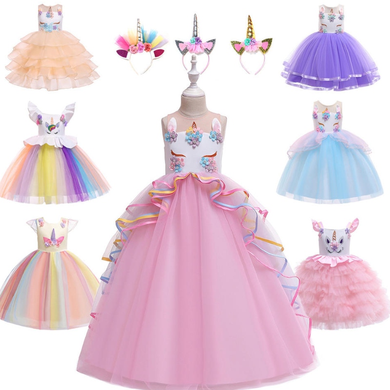Het försäljning vacker prinsessa barn kläder bär födelsedagsfest unicorn horn paljett tutu flicka klänning för små flickor