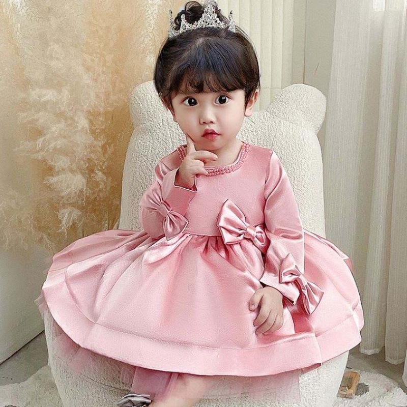 Baige långa ärmar Fest Flower Girl Dress Big Bow 1-6 Years Kids Clothing Frock Design 9105