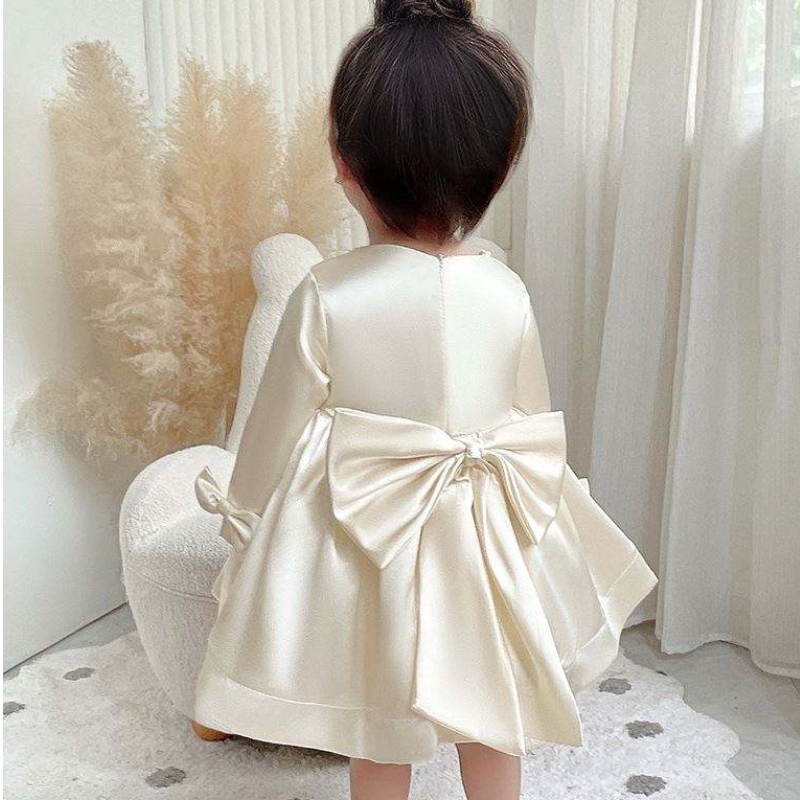 Baige långa ärmar Fest Flower Girl Dress Big Bow 1-6 Years Kids Clothing Frock Design 9105