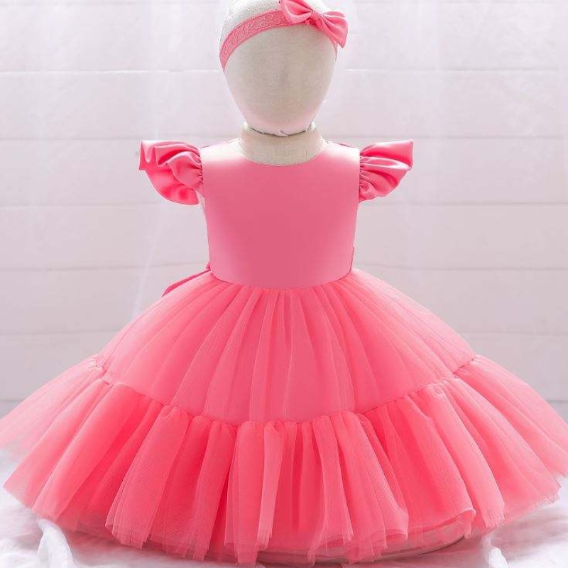 Baige Mesh Satin Princess Girls Birthday Dresses Lovely Girl Party Baby Girls Dress Designs för dop med pannband