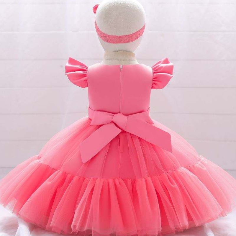 Baige Mesh Satin Princess Girls Birthday Dresses Lovely Girl Party Baby Girls Dress Designs för dop med pannband