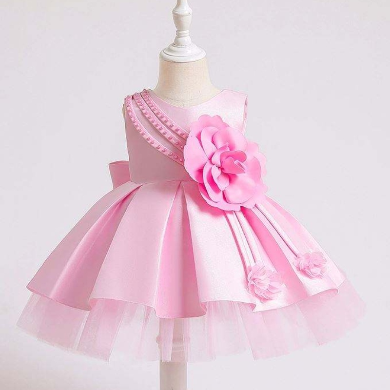 Baigenyfödd babyfestklänning i 0-2 år barn sommar satin frock barn födelsedagsklänningar xz001