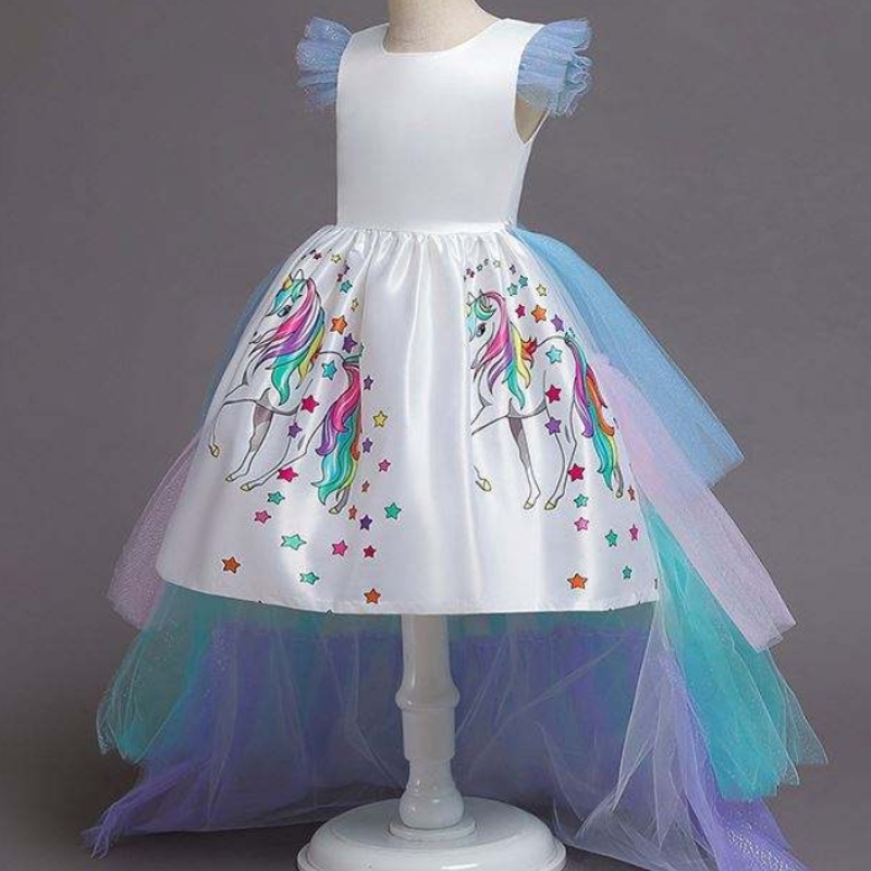 2020 Summer Kids Sleeveless Rainbow Princess Birthday Party Unicorn Puffy Dress med pannband DJS100