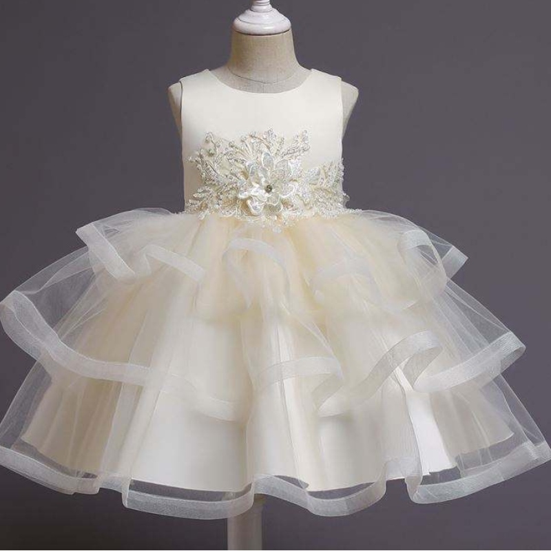 Baige Flower Girl Dress Kids Party Gown Baby Tutu Princess Dress With Bead Kne Length Födelsedagskläder