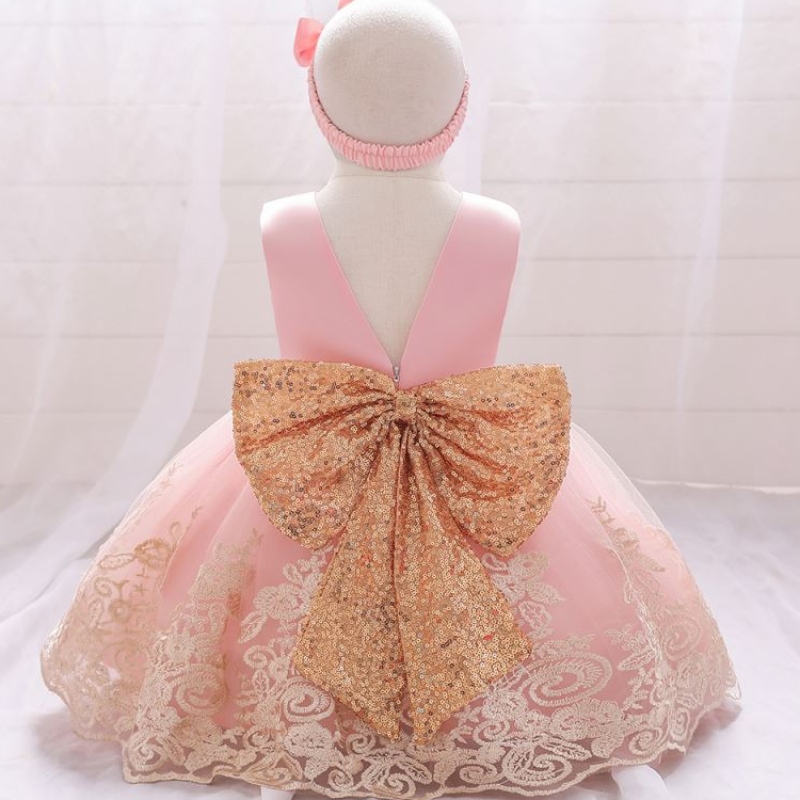 Nya sommar barn frock prinsessan barn klänning spädbarn baby 1: a födelsedagsklänning med gratis pannband