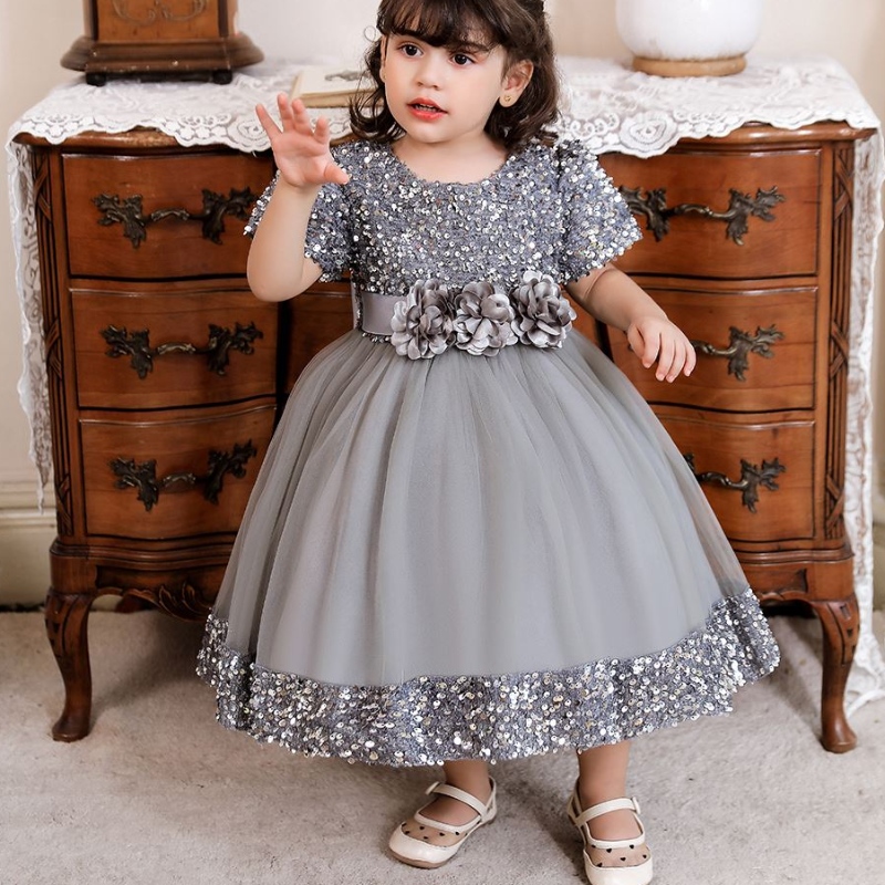 Baige Short Sleeve Christmas Princess frock sequined klänning för barn 0 till 4 årn2116