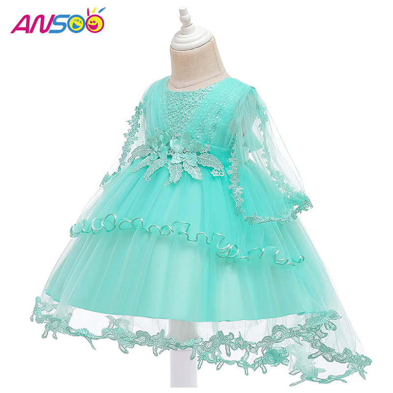 ANSOO Princess Flower Girl Dress Summer Tutu Wedding Birthday Party Barnklänningar för flickor Barn kostym tonåring prom design