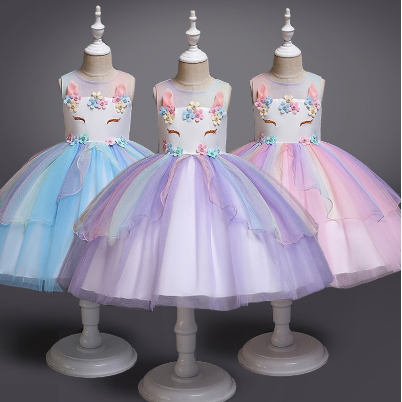 Unicorn Princess Costume Girls Pageant Evening Long Gowns Kids Sleeveless Brodery Flower Birthday Party Tutu Dresses
