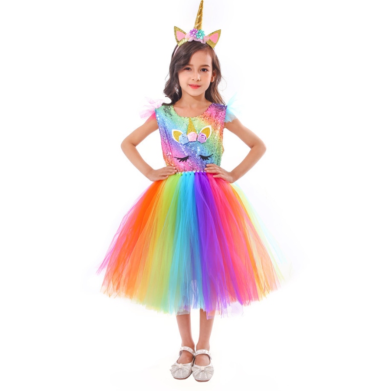 Princess Dress Colorful Rainbow Mesh Tutu kjol med pannband för flickor