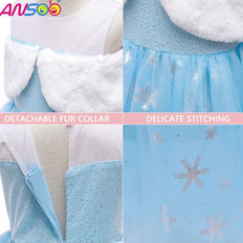 ANSOO2021 Barnens prestanda Elsa Fashion Girl Wool Collar Princess Dress Lovely Girls Costume