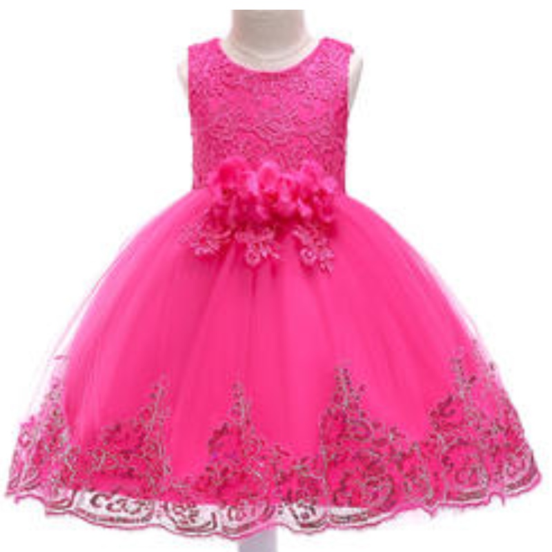 Anpassad broderi rosa bollklänning blomma prinsessa 4-8 år baby flickor klänning design fest