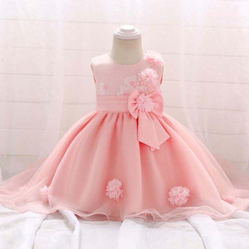 Senaste design Lovely Girl Flower Baby Girl Pink Children Party One Piece Western Kids Wedding Dress