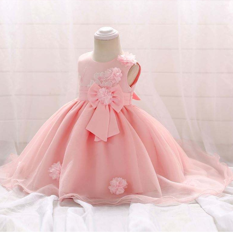 Senaste design Lovely Girl Flower Baby Girl Pink Children Party One Piece Western Kids Wedding Dress