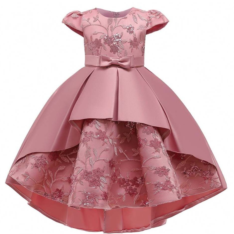 Baige högkvalitativa barn långa plaggflickor festklänningar kort ärm klänning frock design för baby flicka t5170