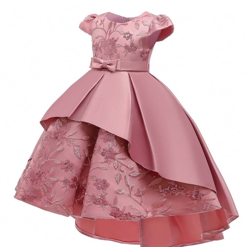 Baige högkvalitativa barn långa plaggflickor festklänningar kort ärm klänning frock design för baby flicka t5170
