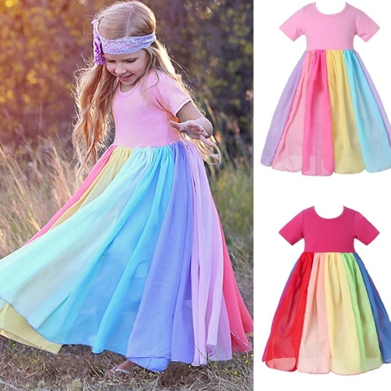 Little Girls Mesh Tulle klänningar vår sommaren regnbåge strand prinsessan klänning barn barn kort ärm sundress party dräkt