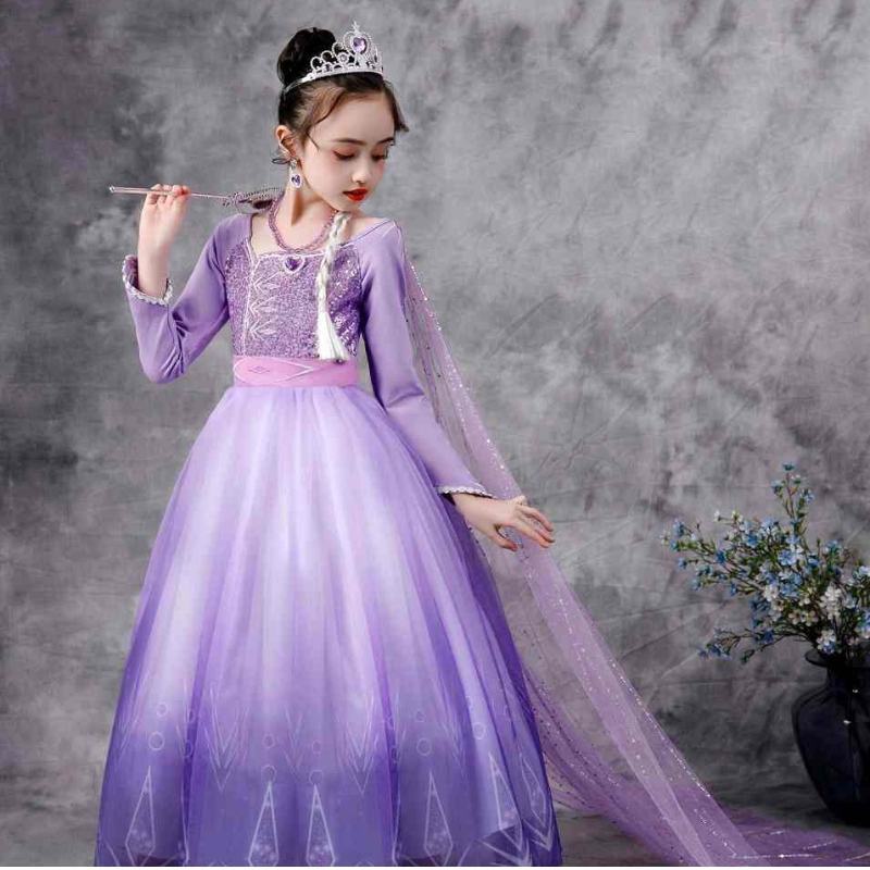 Baige Snow Queen Purple Elsa Dress Christmas Halloween Anna Costume Girls Långärmad broderade paljettklänningar