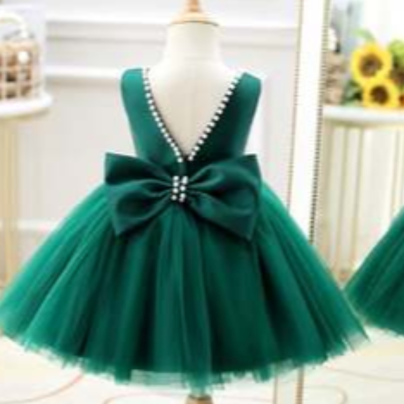 Baige Oem Green Flower Girl Wedding Piano Födelsedag ett år gammal klänning Little Girl Catwalk Show Children Princess DZ007