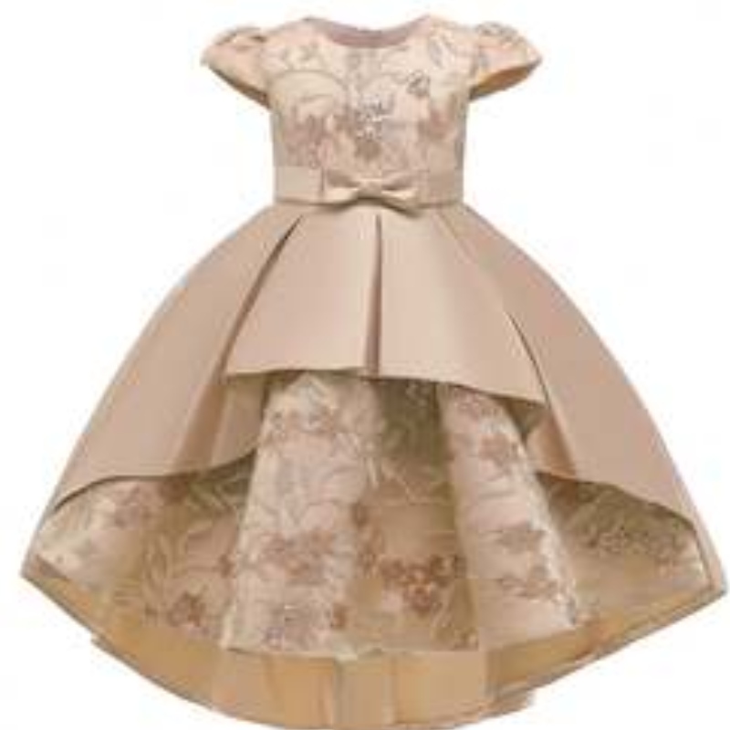 Baige varade designtryck Satin Flower Girl Party Dress Summer Sleeve Baby Girl Birthday Dresses
