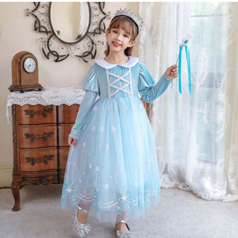BX1763 Nya höstlånga ärmar Anna Elsa Princess Dress Halloween Cosplay Costume Kids Flower Girl Dress