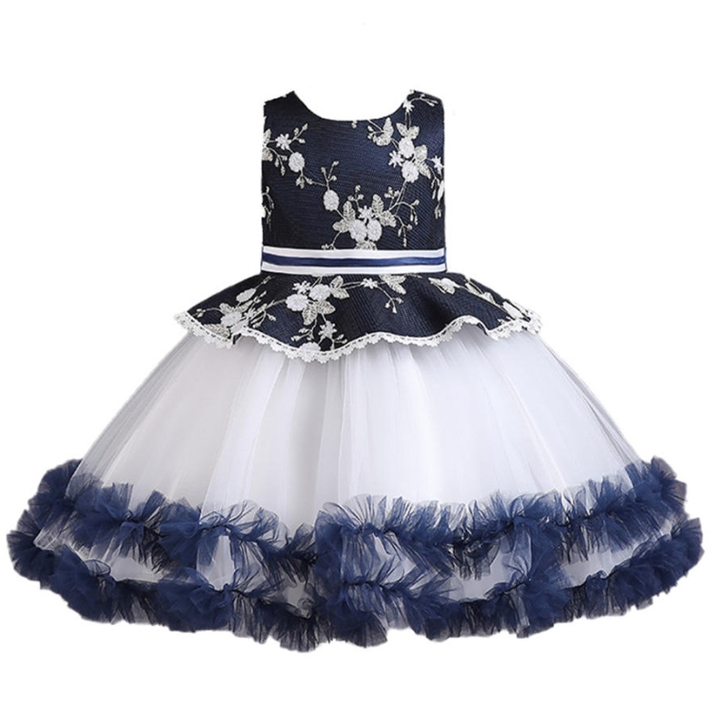 Flower Girl Wedding Banket spetsar lång klänning för barn elegant puffy spets båge födelsedagsfest klänning