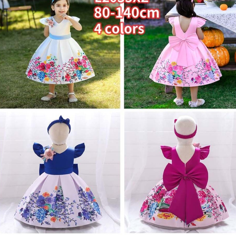 Baige Big Bow Christmas Flower Girl Party Princess Dress Baige Tryckt V-back Birthday Ball-klänning L2033XZ