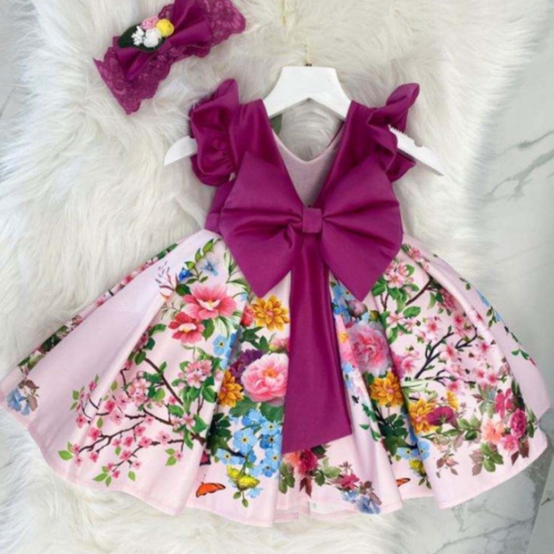 Baige Big Bow Christmas Flower Girl Party Princess Dress Baige Tryckt V-back Birthday Ball-klänning L2033XZ