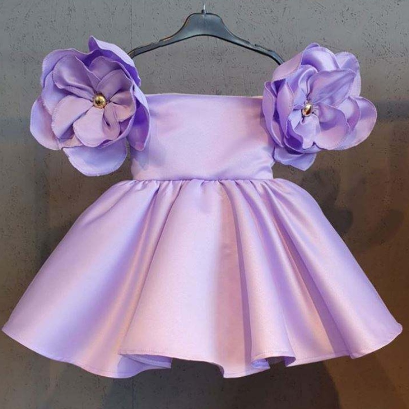 Baige Big Flower Kids Dress Pink Bridal Satin Party Baby Ball Gown Girls \\ 'Födelsedagsklänningar med båge på axeln