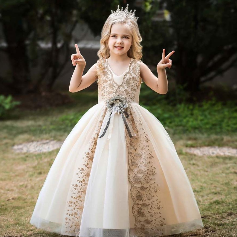 Baige Sweet Criss-Cross spetsklänning för flickor Kvällsklänning Flower Girl Dresses White Wedding