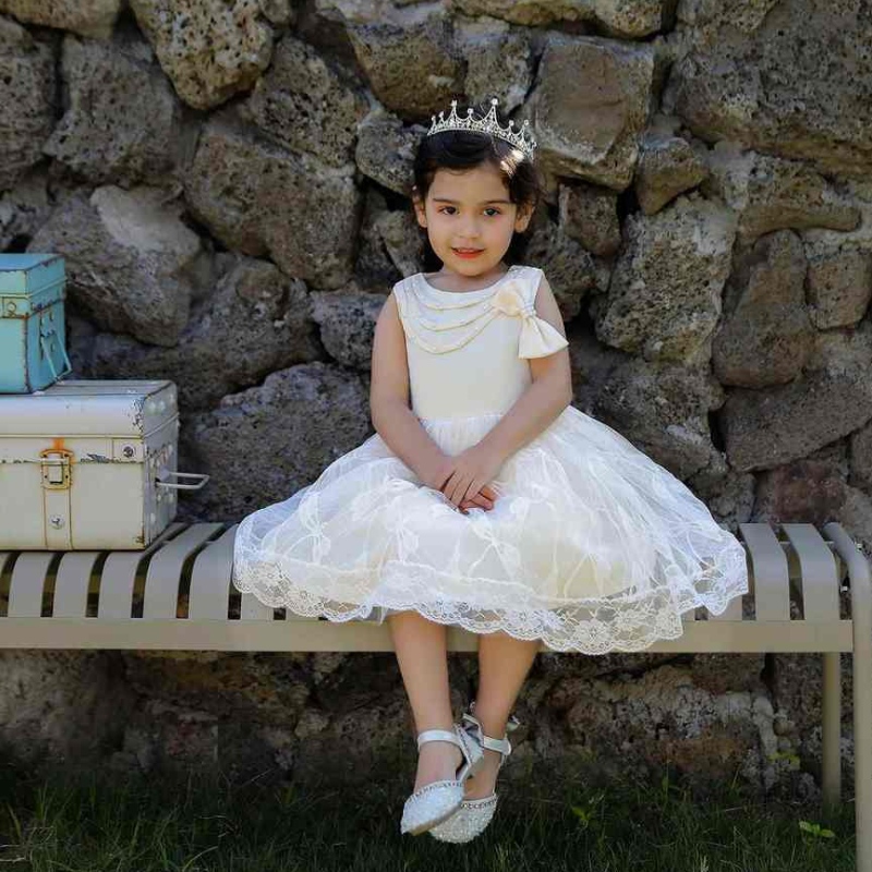 Baige pärlstav båge knut fest klänning för flicka baby flicka prinsessan klänning