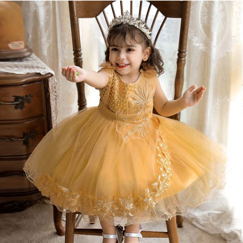 Baige White Toddler Infant Girls Flower Formell pärlklänning Kids Wedding Party Dress N2111
