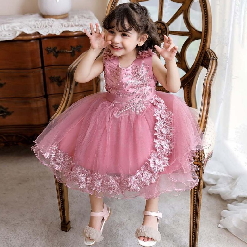 Baige White Toddler Infant Girls Flower Formell pärlklänning Kids Wedding Party Dress N2111