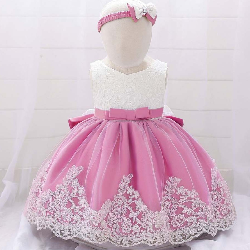 Baige Baby Girls Dress Designs Lace Flower Girl Small Kids Clothing First Birthday Party Dress With Pannband