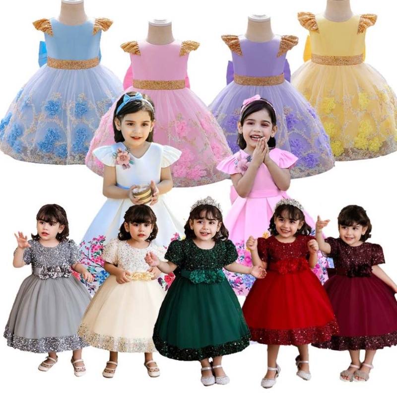 Baige Top Sale Flower Girl V-ringning Lång bröllopsklänning Girl Puffy Birthday Dress Ball Gown