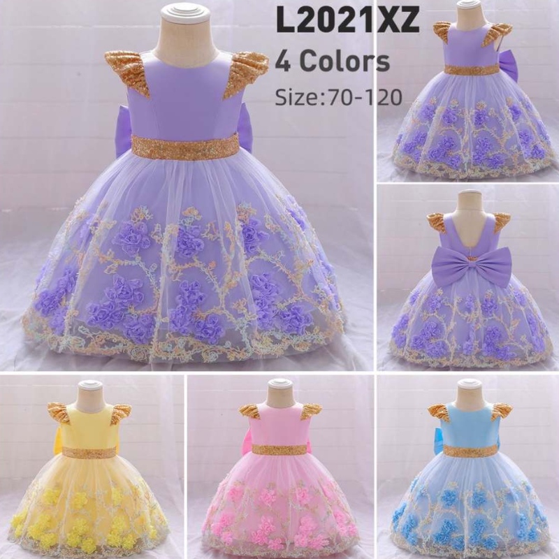 Baige Top Sale Flower Girl V-ringning Lång bröllopsklänning Girl Puffy Birthday Dress Ball Gown