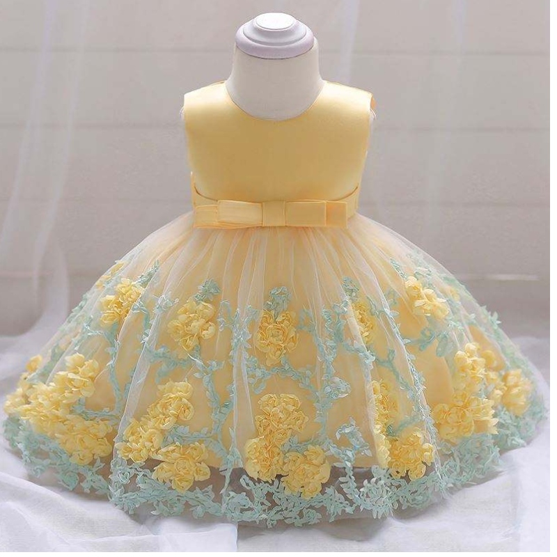 Baige Hot Selling Pretty Baby Frock 12 månad 1 år gammal tjejkläder Första födelsedagen Söt blommor Party Dress L1845xz