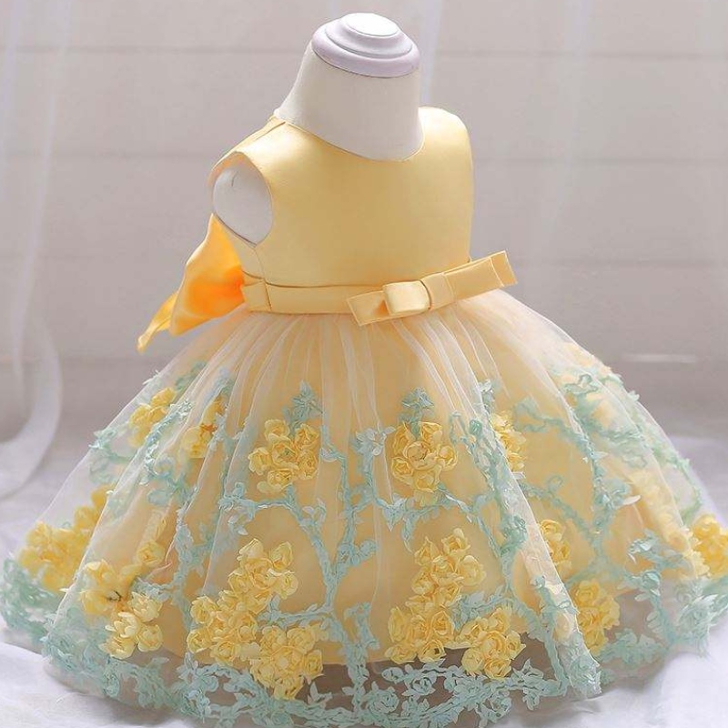 Baige Hot Selling Pretty Baby Frock 12 månad 1 år gammal tjejkläder Första födelsedagen Söt blommor Party Dress L1845xz