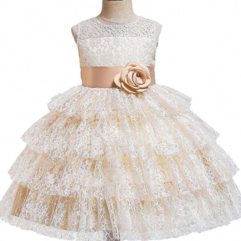 Baige Summer Fashion spets tullade härlig pärlor stor båge födelsedagsfest fancy bollklänningar blommor flicka klänningar