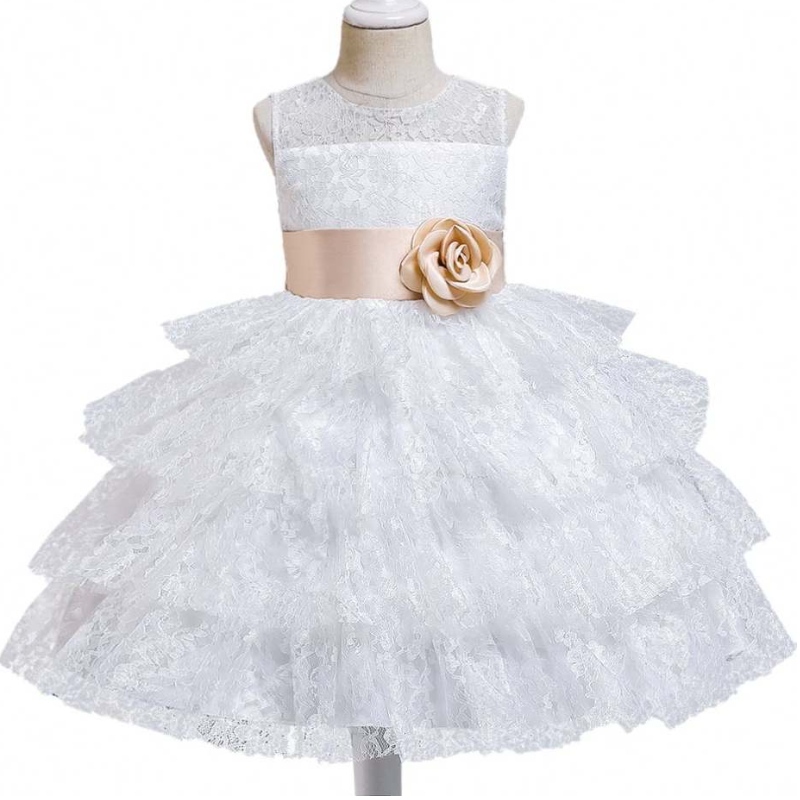 Baige Summer Fashion spets tullade härlig pärlor stor båge födelsedagsfest fancy bollklänningar blommor flicka klänningar