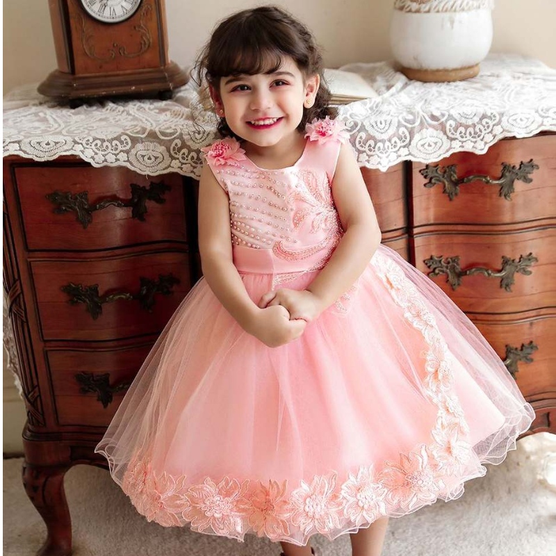 Baige Amazon Hot Salenyfödd babyflicka Pink Dress Flower Girls Födelseledamot N2111