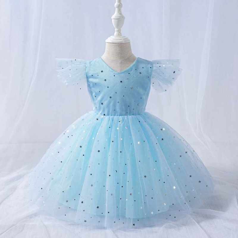 Baige V Neck Girl Party frock Kids Mini Summer Wear Bling Kids Mesh Dress L1945xz