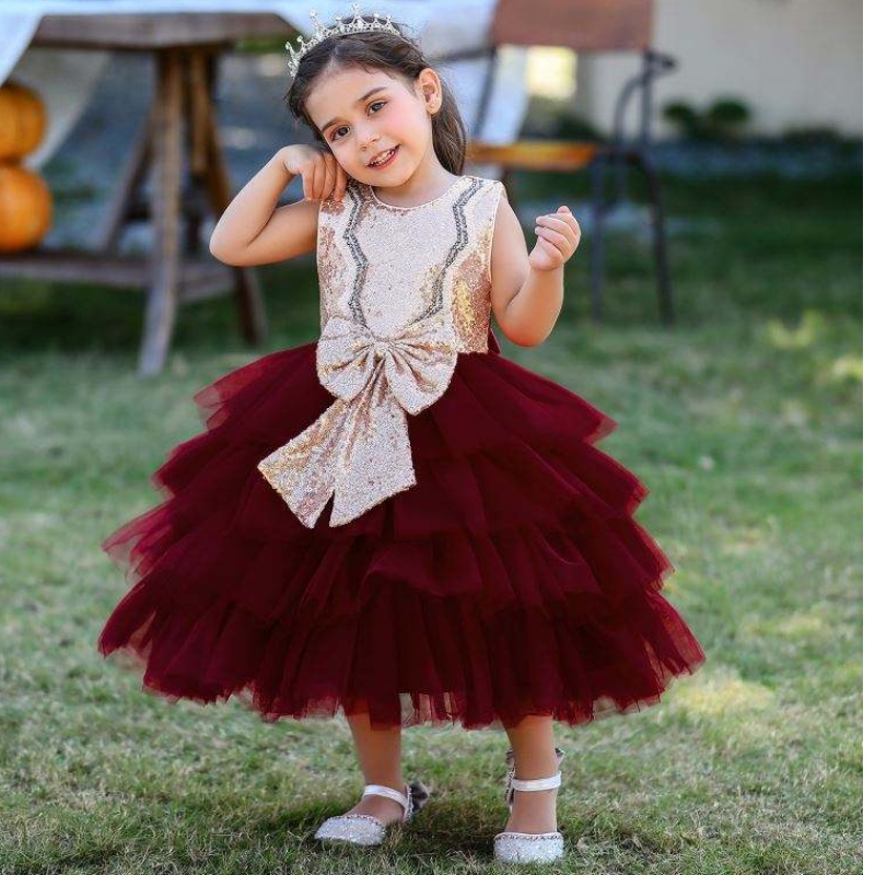 Baige Formella tillfällen Sequined Bow Kids Party Dress ärmlös bollklänning Flower Girls \\ 'klänningar