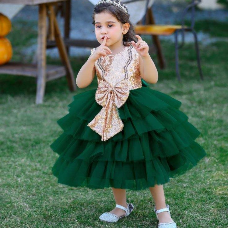 Baige Formella tillfällen Sequined Bow Kids Party Dress ärmlös bollklänning Flower Girls \\ 'klänningar