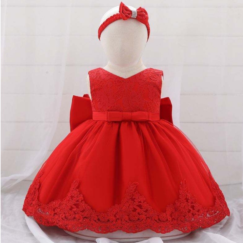 Baige Flower Girl Baby Dress Princess klänning med pannband spetsar röd båge bär barn födelsedagsklänningar