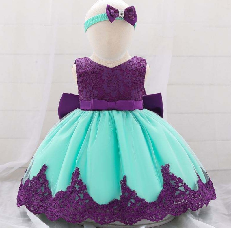 Baige Flower Girl Baby Dress Princess klänning med pannband spetsar röd båge bär barn födelsedagsklänningar