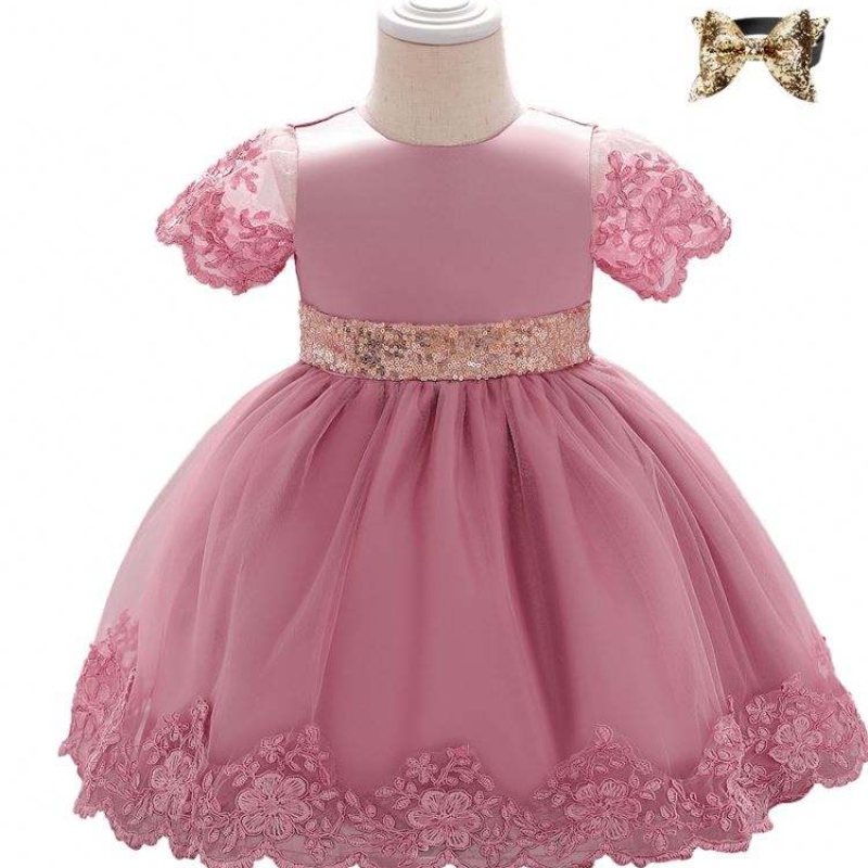 Baige Summer Frock Designs Pictures Party Dress L1926XZ Kort ärms födelsedag 0-2y gamla flickor spetsar barn för barn ärmlös