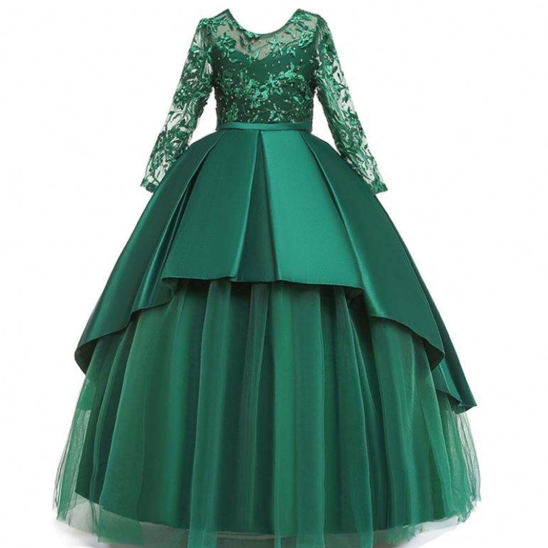 Högkvalitativ Baby Girls Party FROCK Kids Evening Party-klänningar Lace Long Sleeve Maxi Dress LP-233