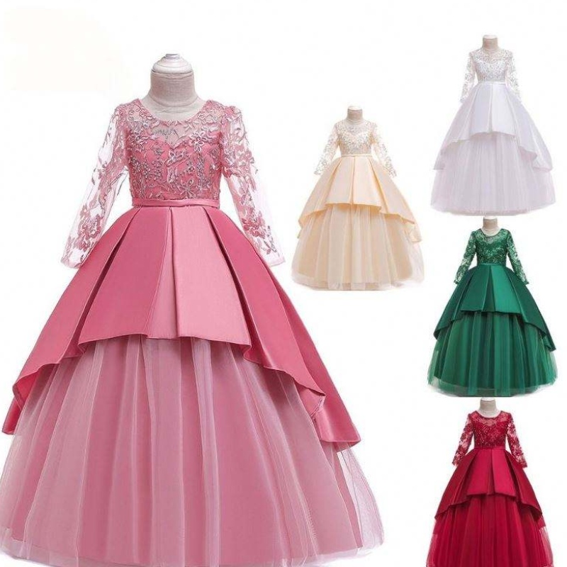 Högkvalitativ Baby Girls Party FROCK Kids Evening Party-klänningar Lace Long Sleeve Maxi Dress LP-233